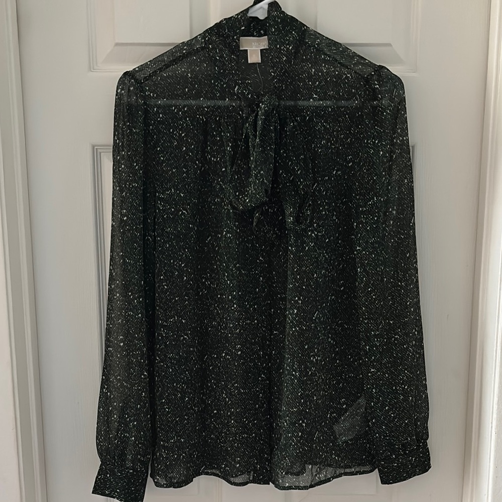 Michael Kors Black Speckled Tie-Neck Sheer Blouse